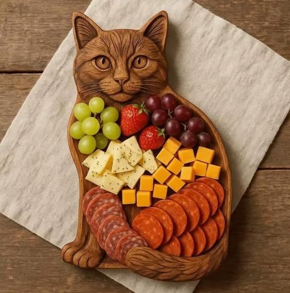 Cat-Shaped Pine Wood Fruit & Snack Tray