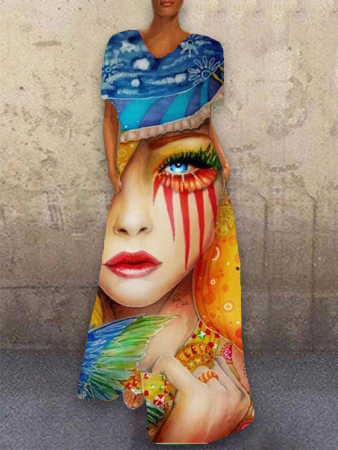 Vintage-Inspired Cat Print V-Neck Maxi Dress – Retro Floral Long Dress