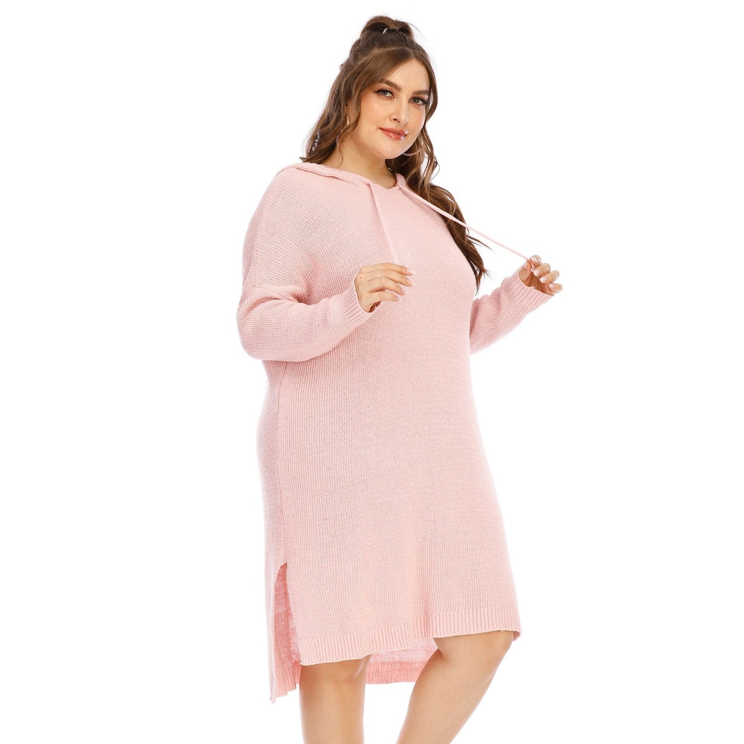 Pink Winter Long Sleeves Plus Sizes Sweater Dress-Plus Size Dresses-Free Shipping at meselling99