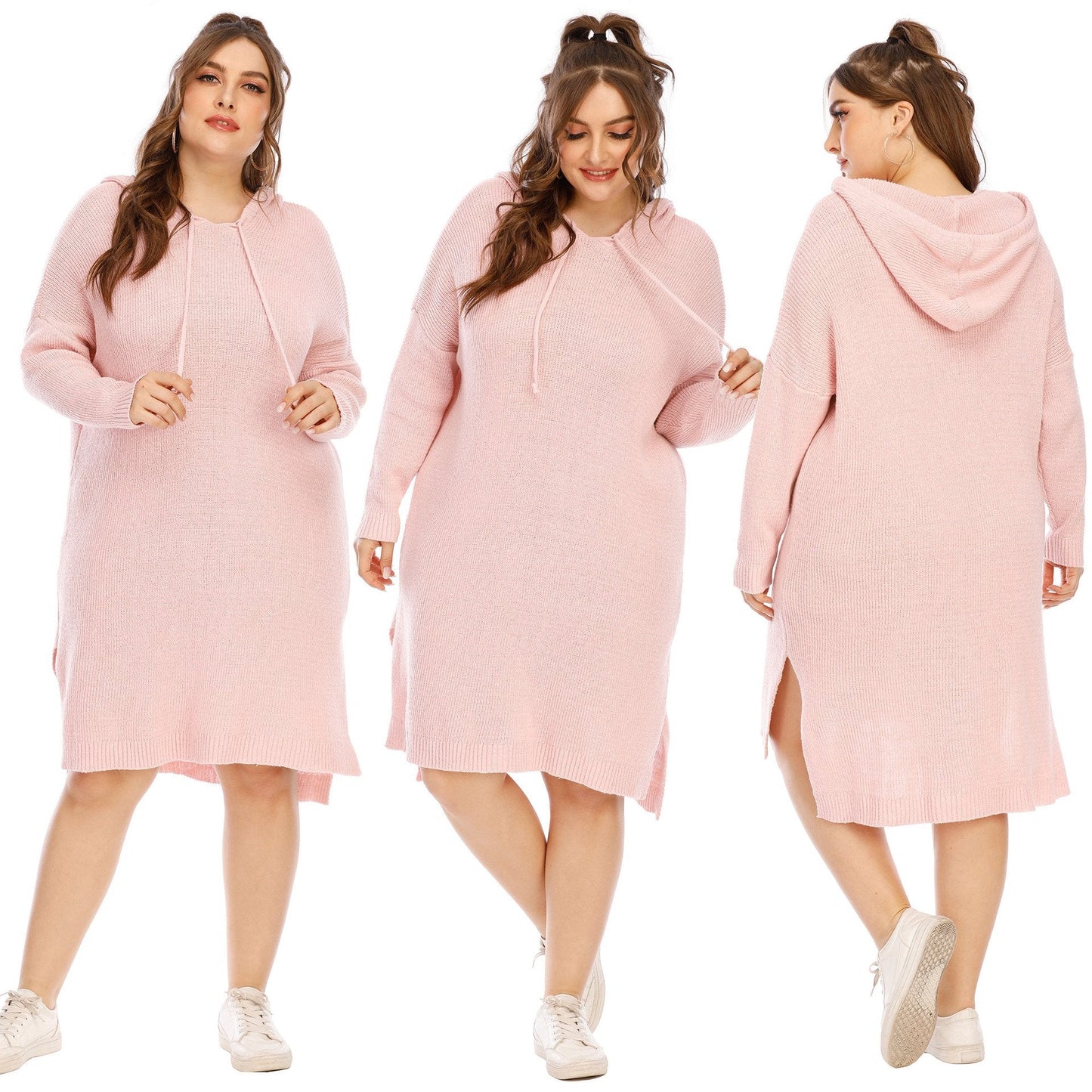 Pink Winter Long Sleeves Plus Sizes Sweater Dress-Plus Size Dresses-Free Shipping at meselling99