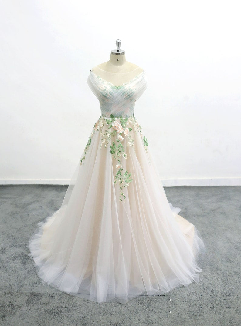 Forest Fairy Green Flower Tulle Wedding Dresses