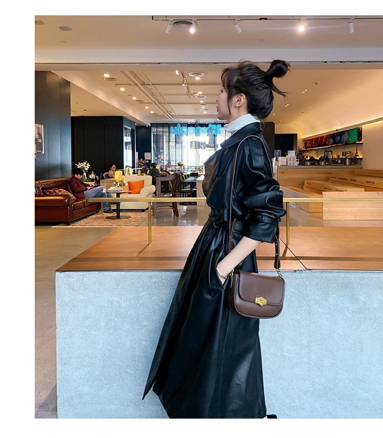 Women Black PU Leather Long Overcoats