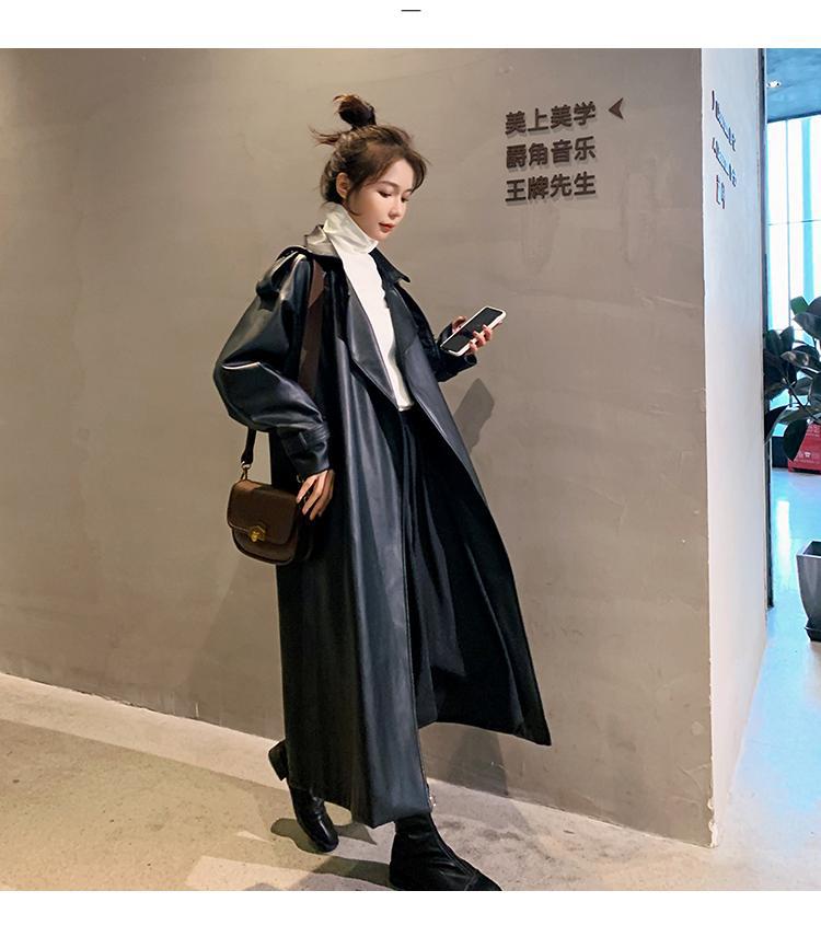 Women Black PU Leather Long Overcoats