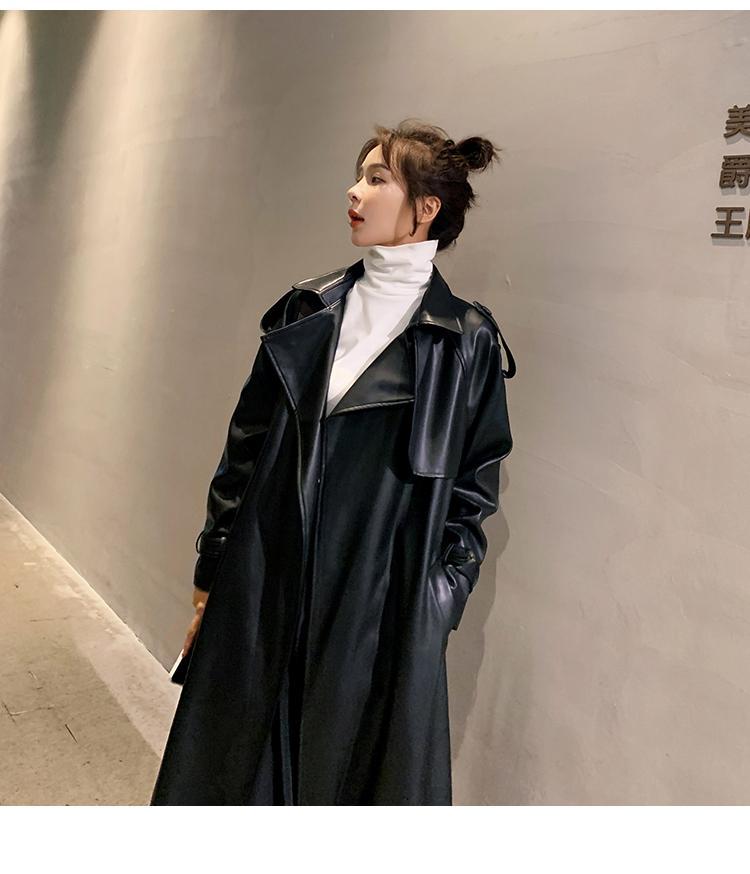 Women Black PU Leather Long Overcoats