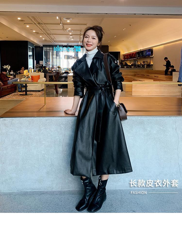 Women Black PU Leather Long Overcoats