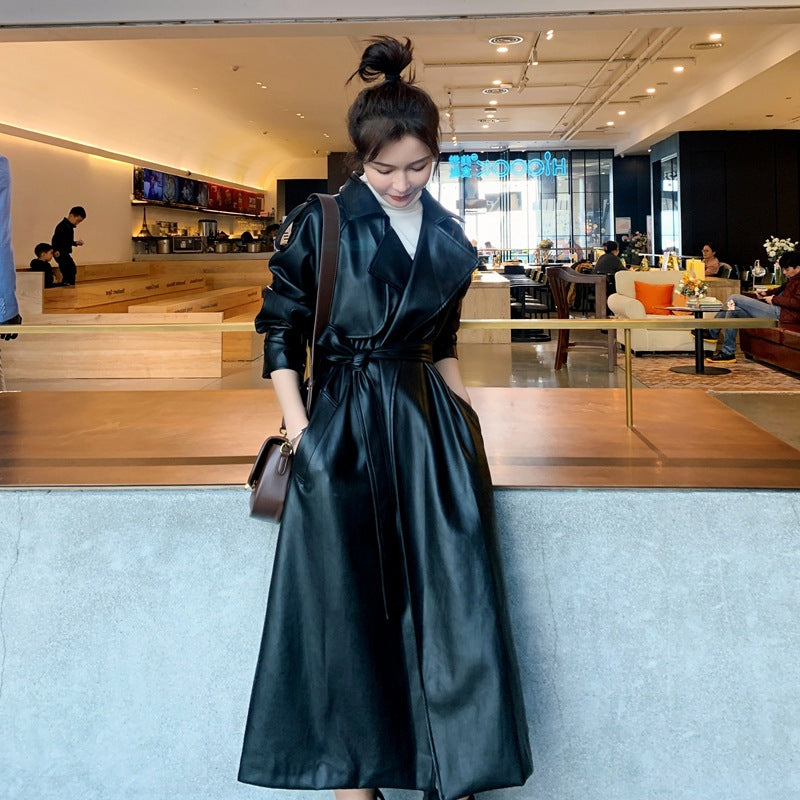 Women Black PU Leather Long Overcoats