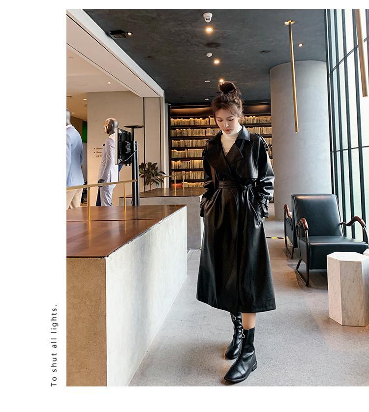 Women Black PU Leather Long Overcoats