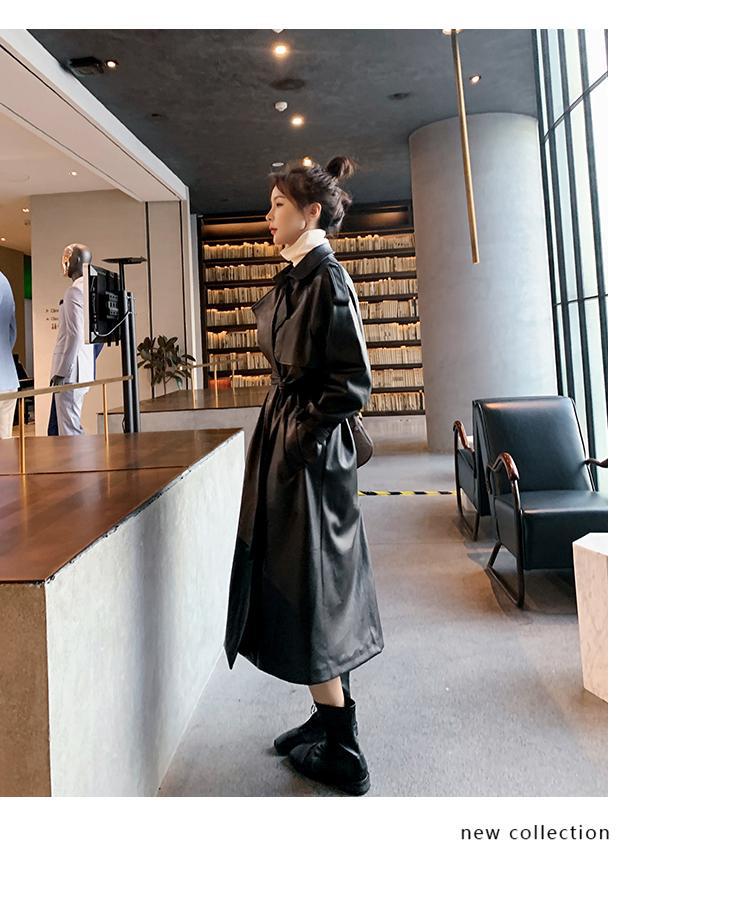 Women Black PU Leather Long Overcoats