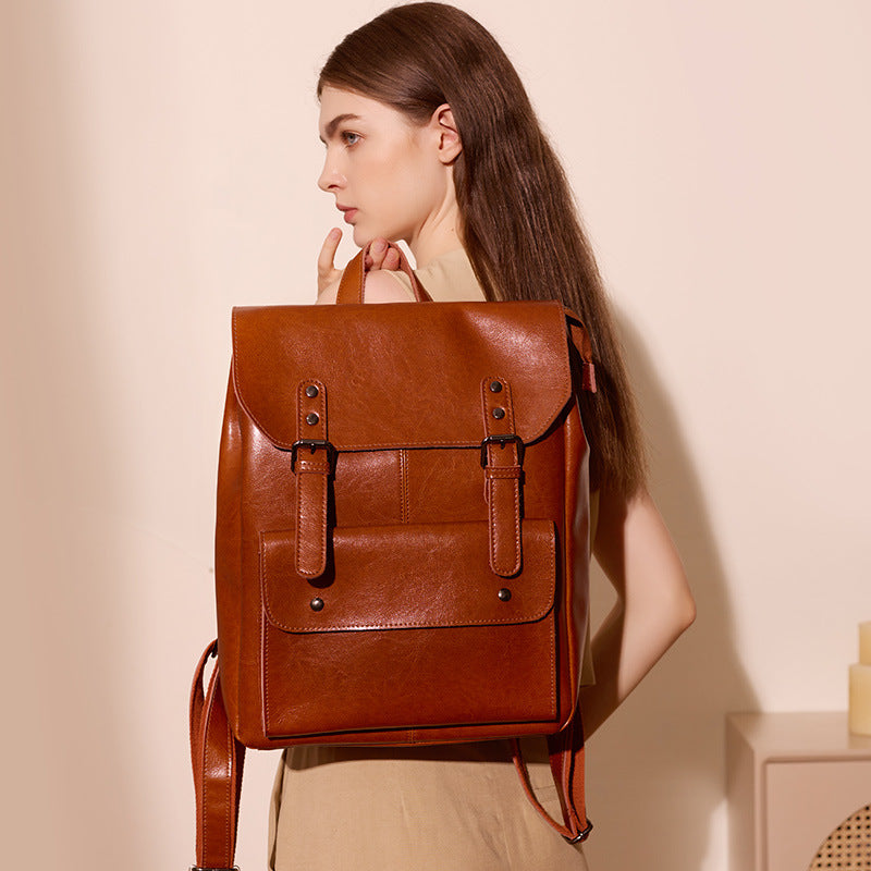 Women Retro Design Luxury Leather Backpack - Casual Portable Travel Bag