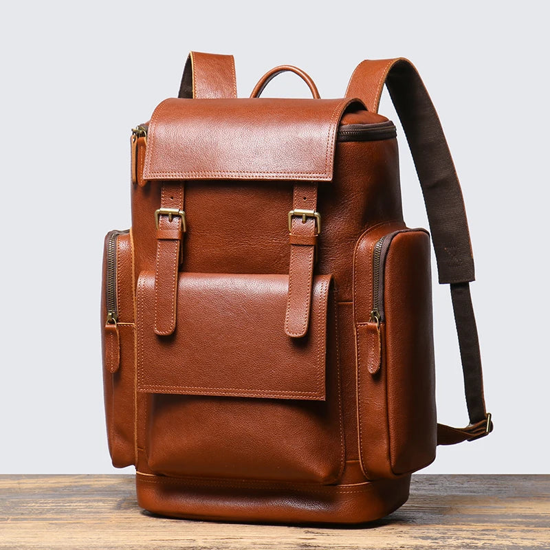 Cowhide Leather Backpack – High-Capacity Men’s Travel, Hiking & Laptop Satchel Bag
