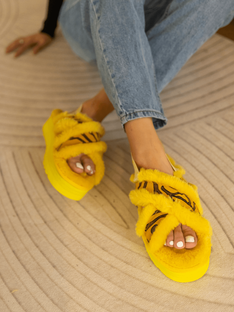Roar Wool Lined Criss-Cross Strap Slipper - Yellow