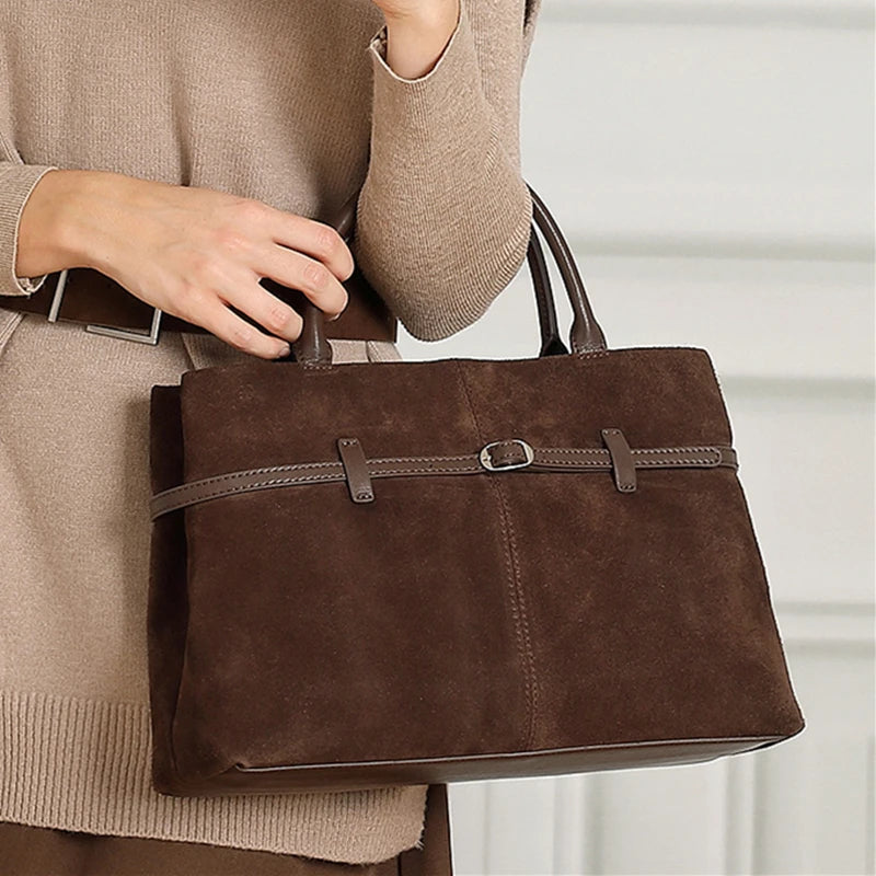Suede Cowhide Genuine Leather Tote Handbags - Women Luxury Crossbody Bag
