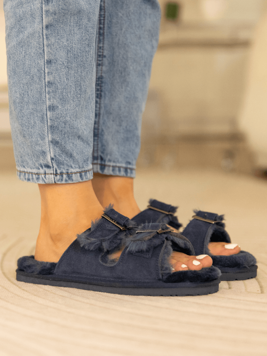 Woolen Lined Double Strap Suede Sandal - Navy