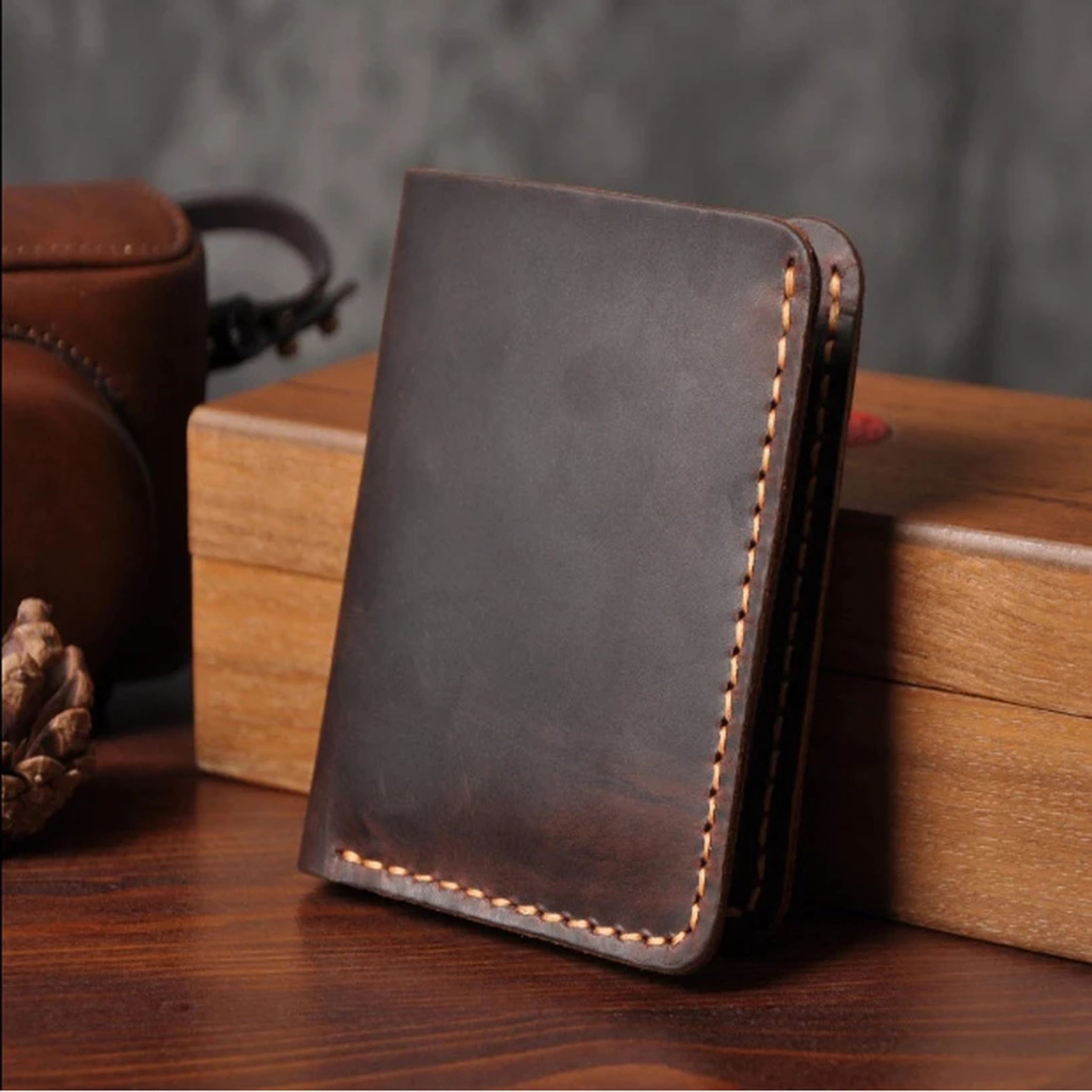 Vintage Crazy Horse Leather Short Wallet - Handmade Money Clip Purse