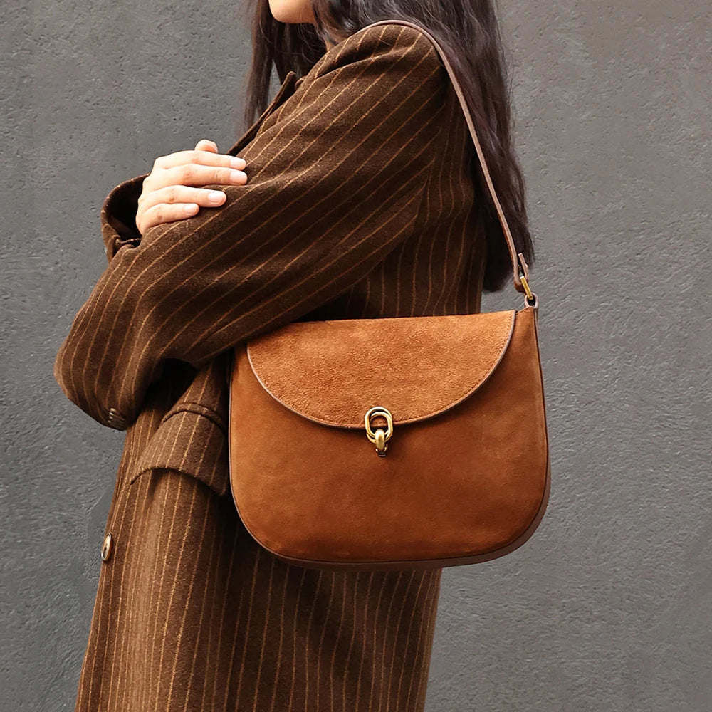 Luxury Women’s Leather Suede Shoulder Saddle Crossbody Bag