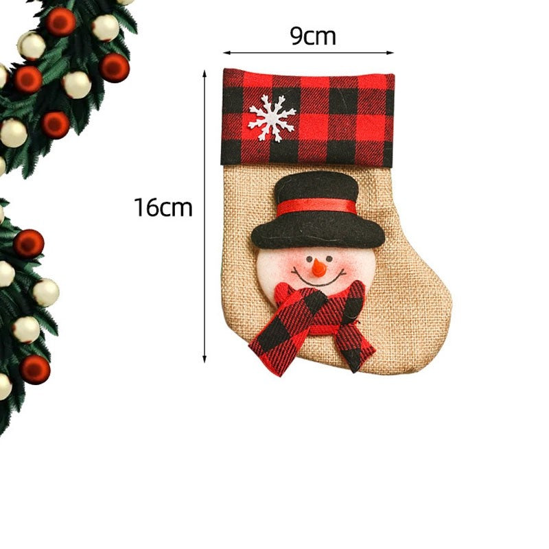 Red Black Plaid Ramie Cotton Patchwork Cute Cartoon Christmas Socks Gift Bag