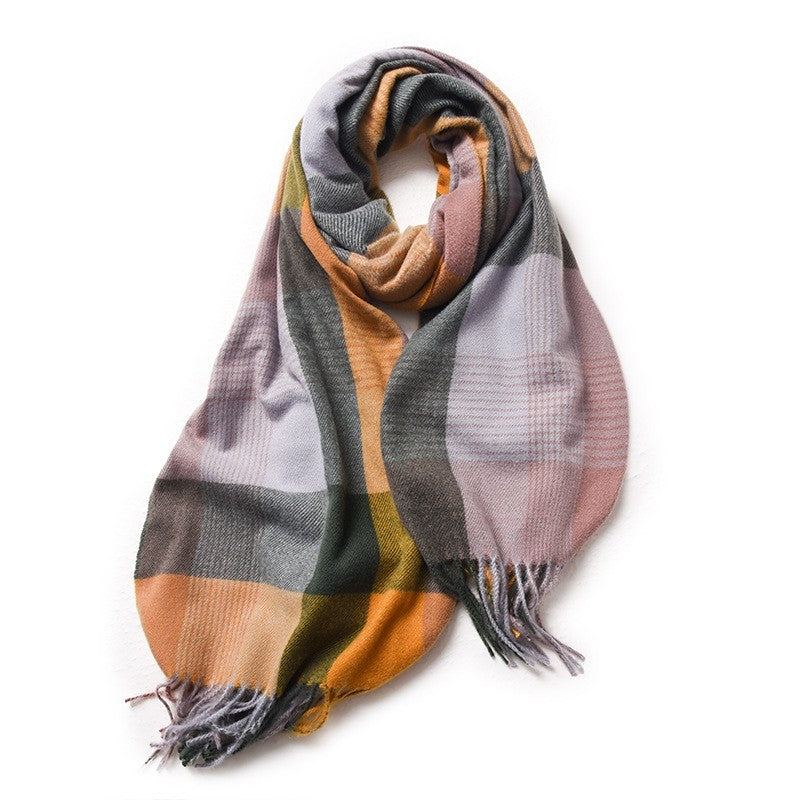 Contrast Color Plaid Tasseled Thickened Warm Shawl Scarf