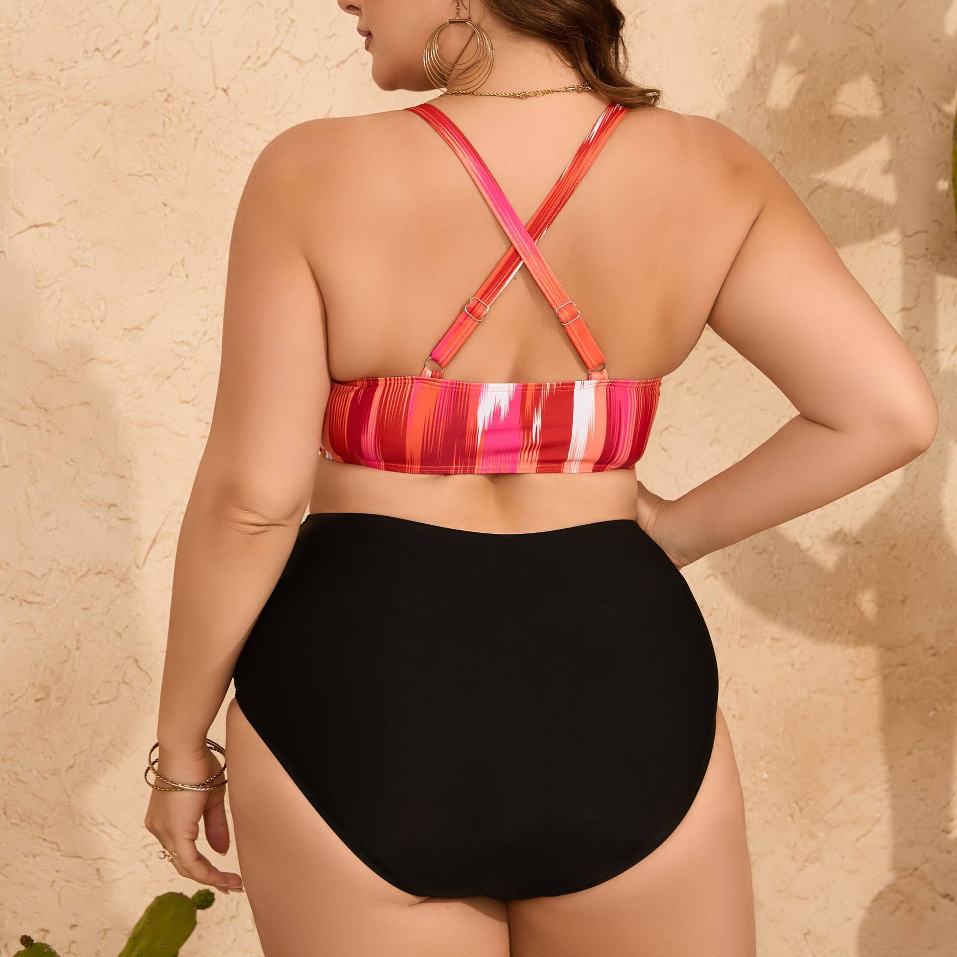 Women's Plus Size Striped Bikini With Cross Straps