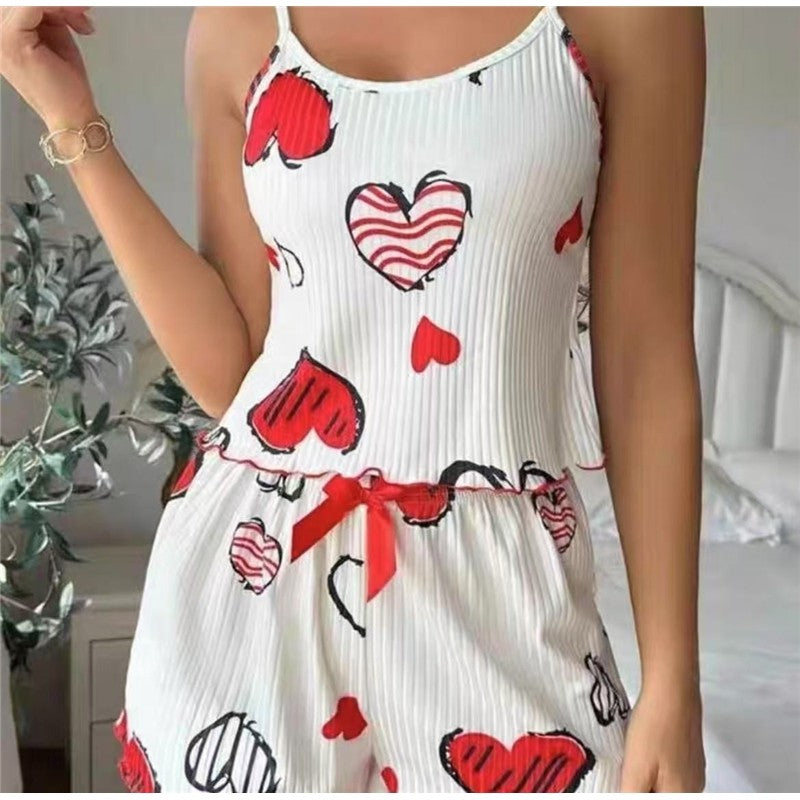 Summer Women's Pajama Set: Ribbed Heart Print Tank Top And Shorts