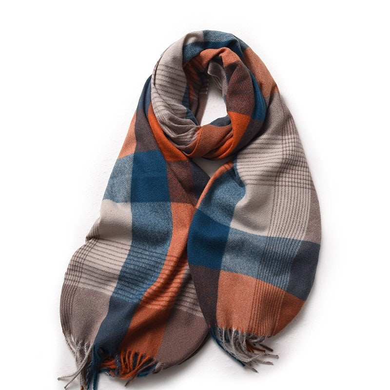 Contrast Color Plaid Tasseled Thickened Warm Shawl Scarf