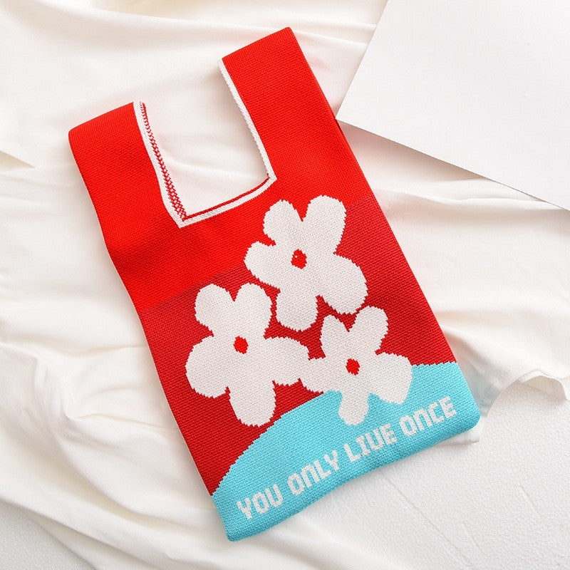 Contrast Color Cute Knitted Handbag Reusable Bag