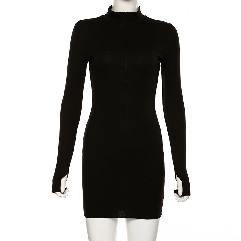 Sexy Zipper High Neck Bodycon Fall Dresses-Sexy Dresses-Black-S-Free Shipping at meselling99