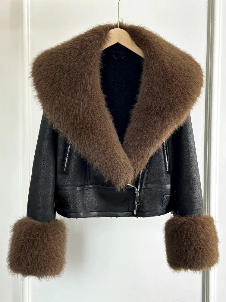 Women Faux Fur Collar Street Style Leather Jacket