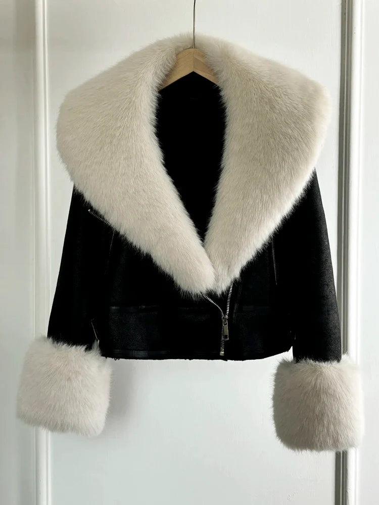 Women Faux Fur Collar Street Style Leather Jacket