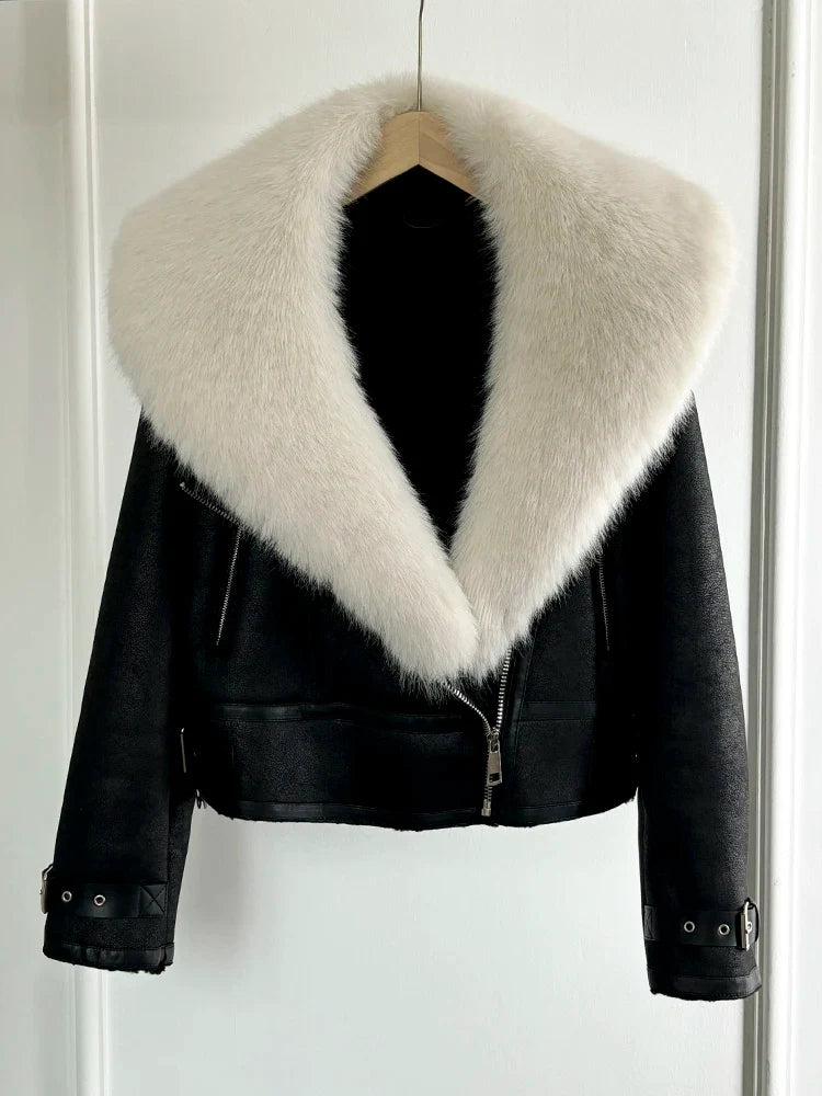 Women Faux Fur Collar Street Style Leather Jacket