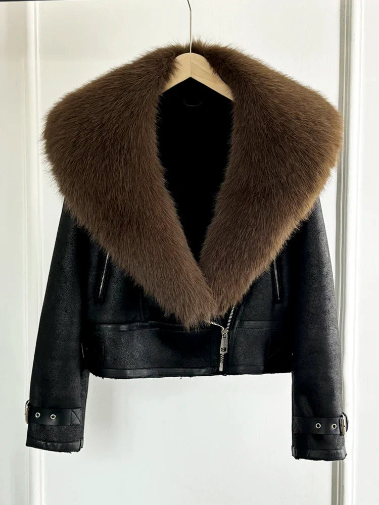 Women Faux Fur Collar Street Style Leather Jacket