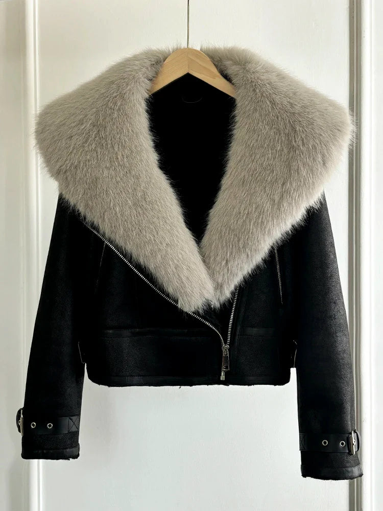 Women Faux Fur Collar Street Style Leather Jacket