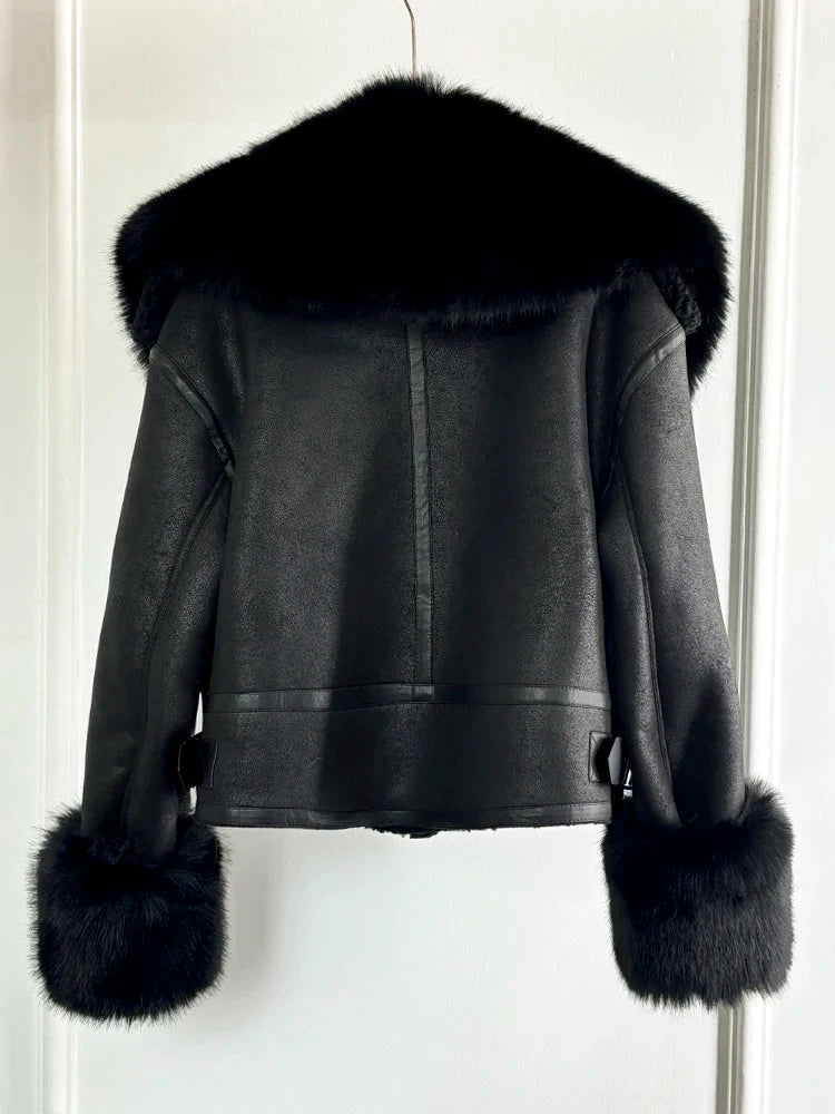 Women Faux Fur Collar Street Style Leather Jacket