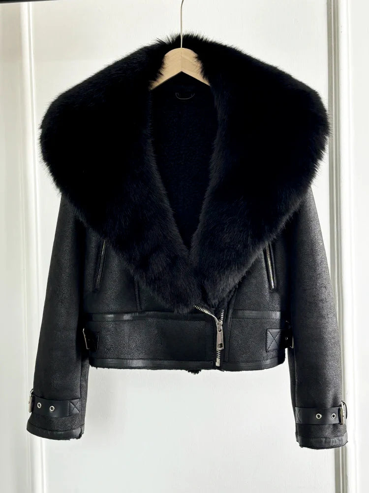 Women Faux Fur Collar Street Style Leather Jacket