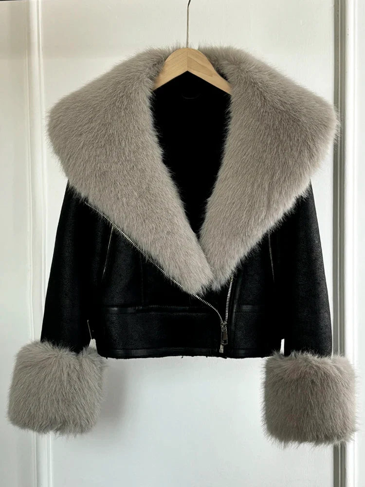 Women Faux Fur Collar Street Style Leather Jacket