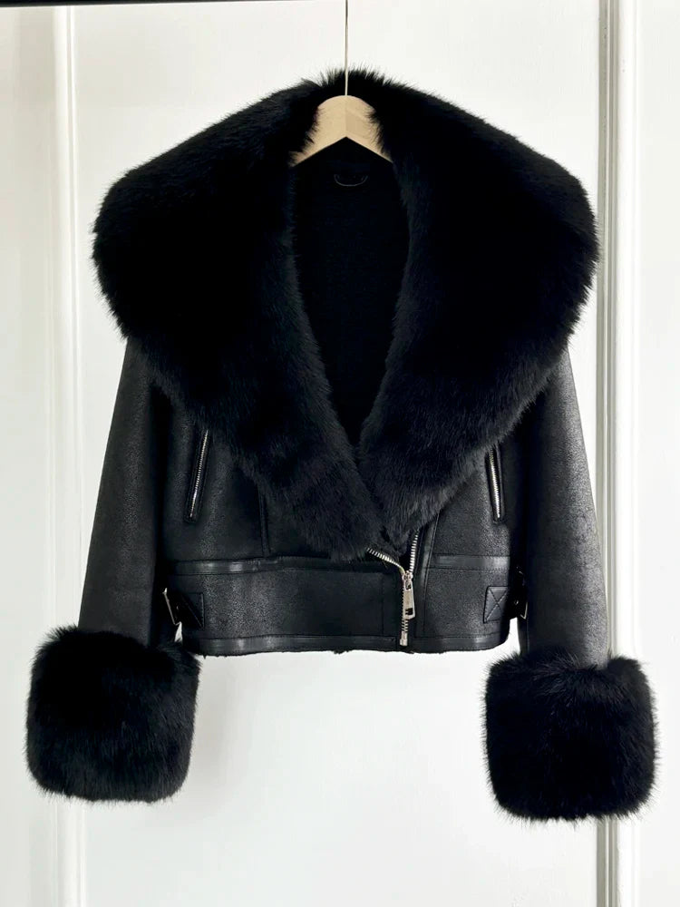 Women Faux Fur Collar Street Style Leather Jacket