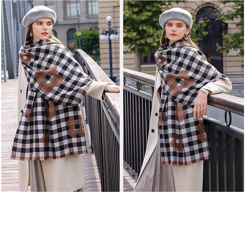 Contrast Color Plaid Flower Pattern  Imitation Cashmere Warm Shawl Scarf