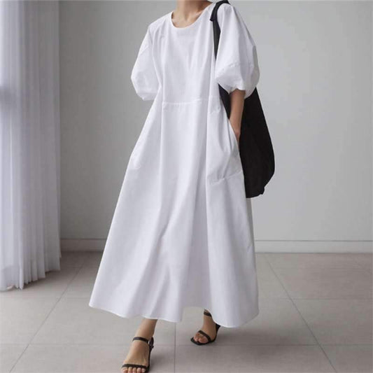 Loose Cozy Puff Sleeves Long Dresses-Maxi Dresses-Free Shipping at meselling99