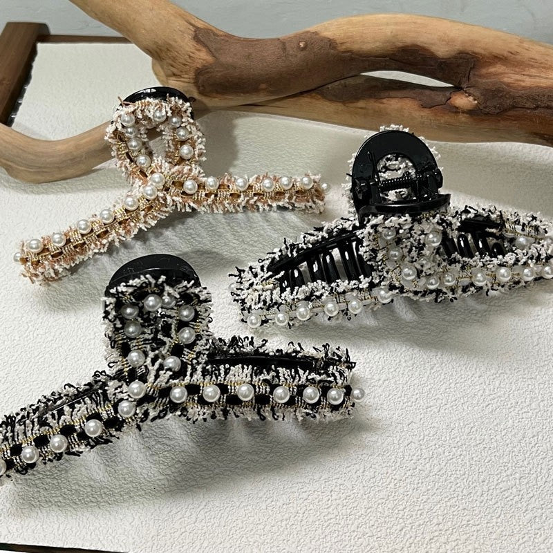 Elegant Tweed Pearl Hair Claw Clip