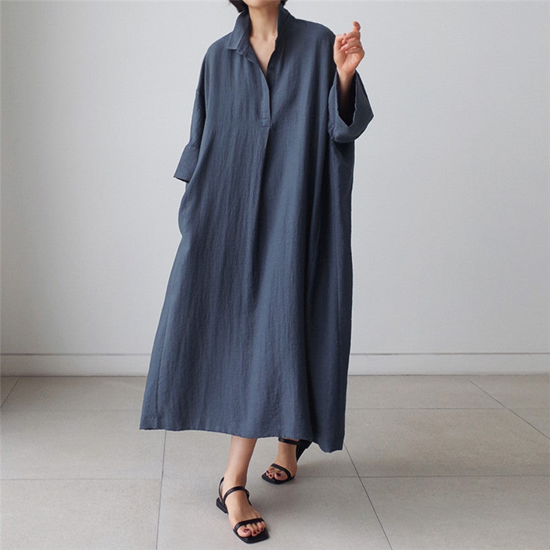 Vintage Linen Plus Sizes Batwing Long Cozy Shirts Dresses-Dresses-Free Shipping at meselling99