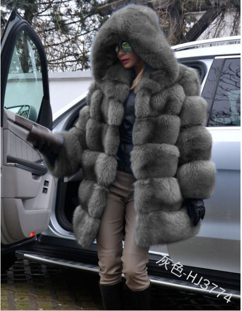Fashion Artificial Fox Fur Long Overcoat with Hat