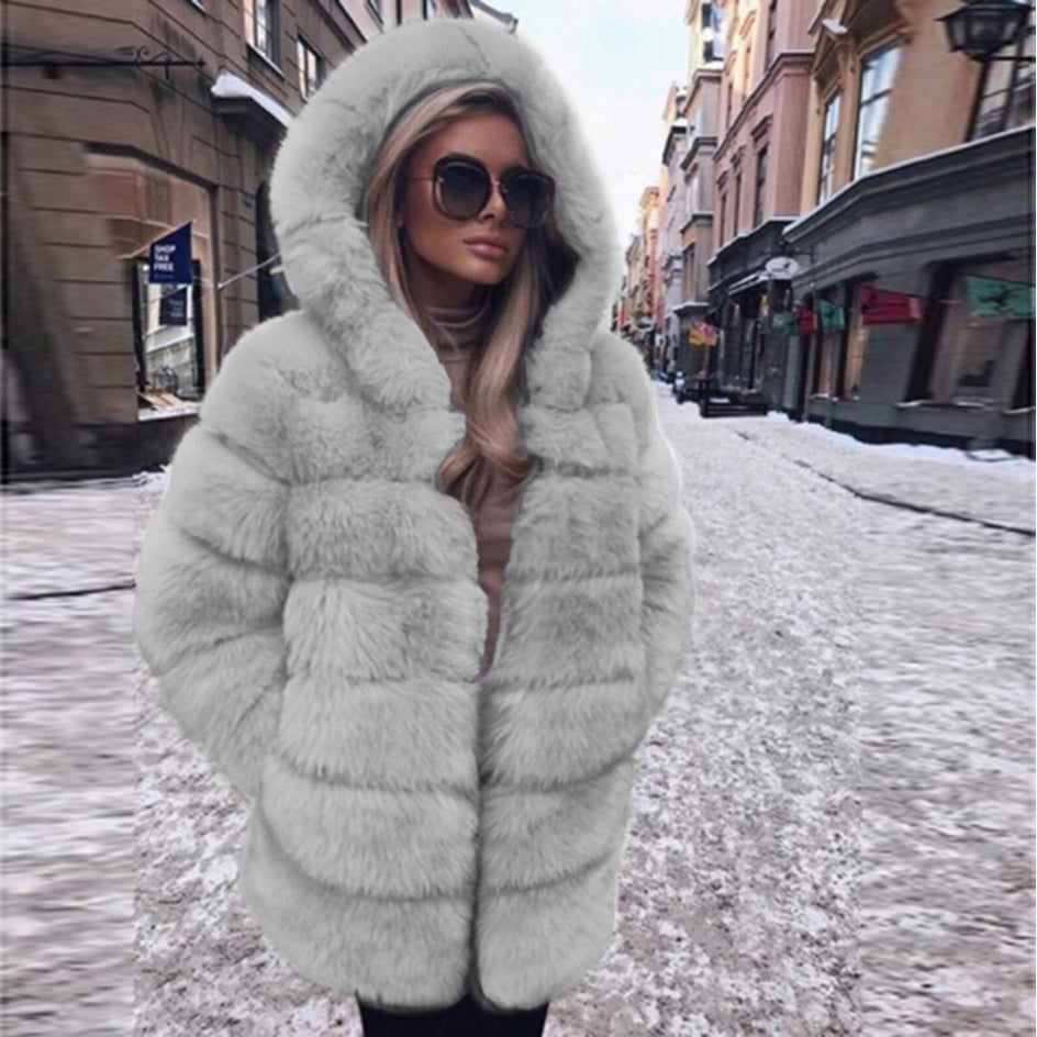 Fashion Artificial Fox Fur Long Overcoat with Hat