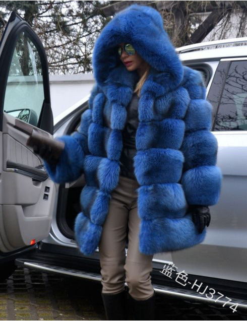 Fashion Artificial Fox Fur Long Overcoat with Hat