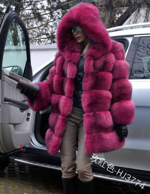 Fashion Artificial Fox Fur Long Overcoat with Hat
