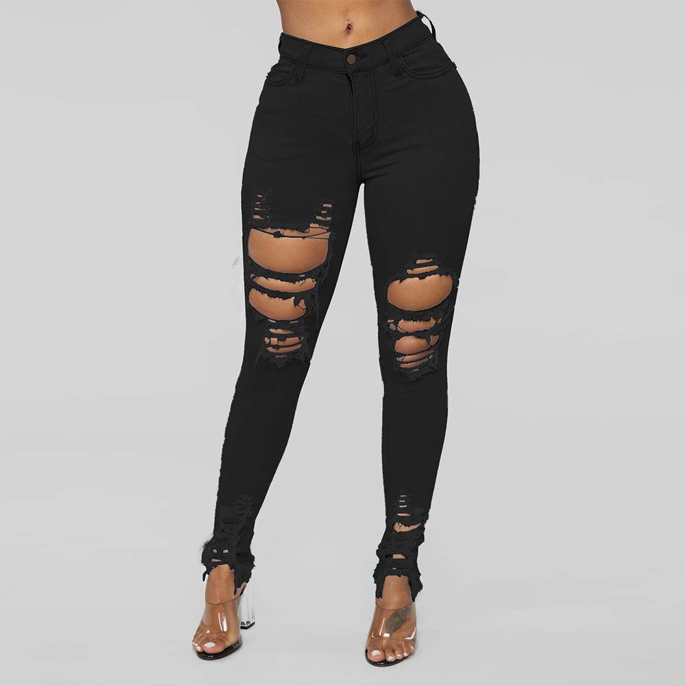 Women Sheath Elastic Broken-holes Jeans-STYLEGOING