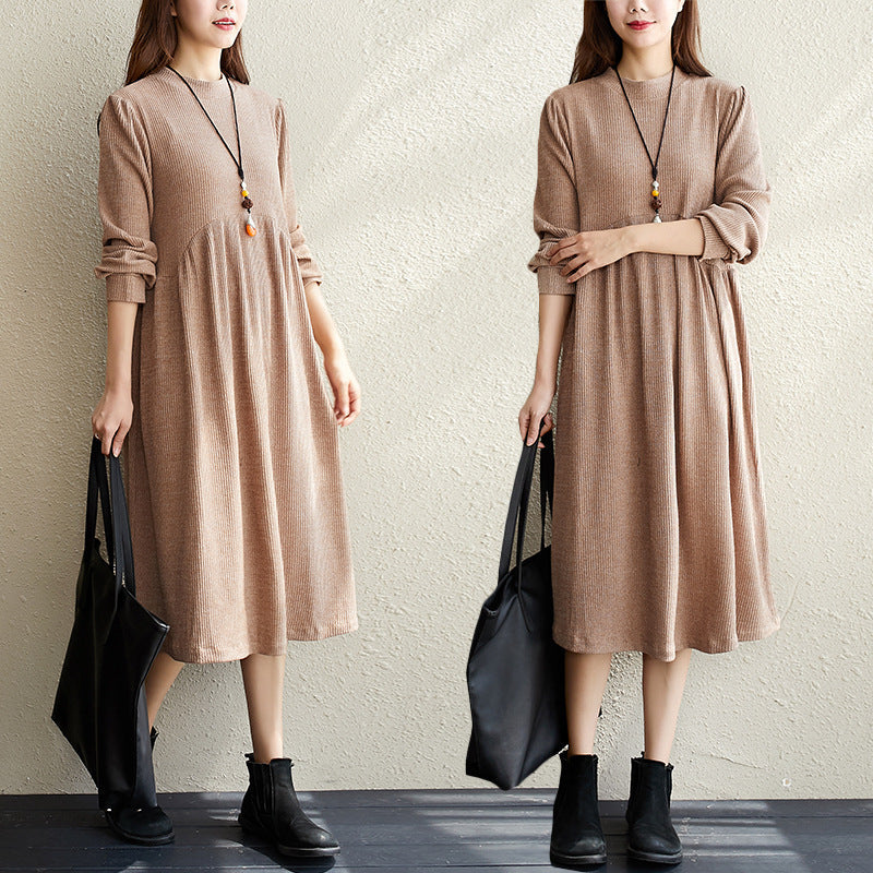 Elegant Women Long Sleeves Round Neck Fall Dresses-Fall Dresses-Khaki-M-Free Shipping at meselling99