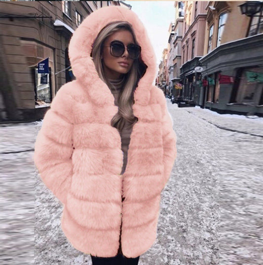 Fashion Artificial Fox Fur Long Overcoat with Hat