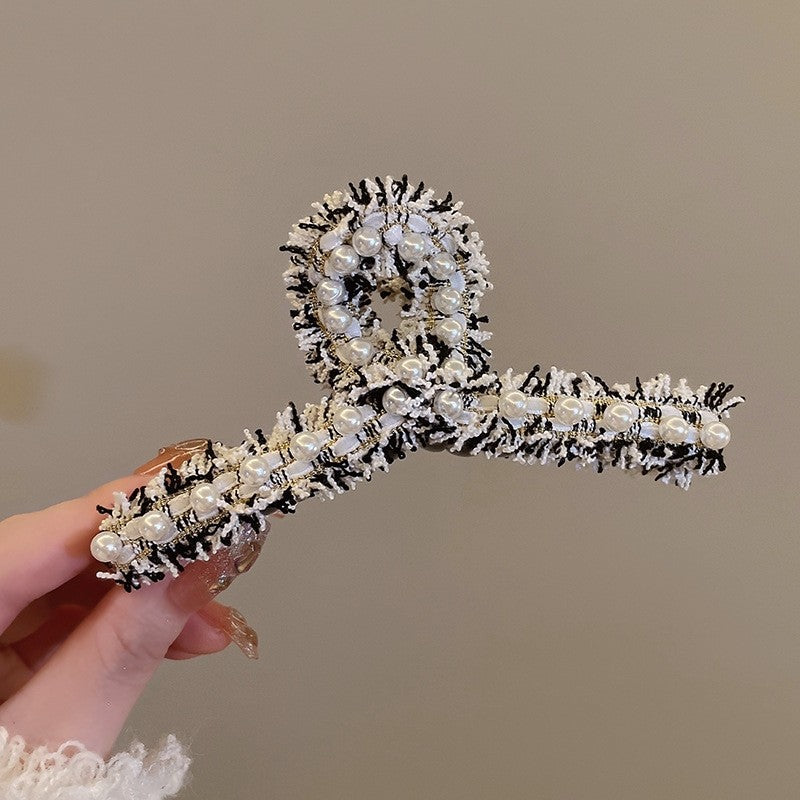 Elegant Tweed Pearl Hair Claw Clip