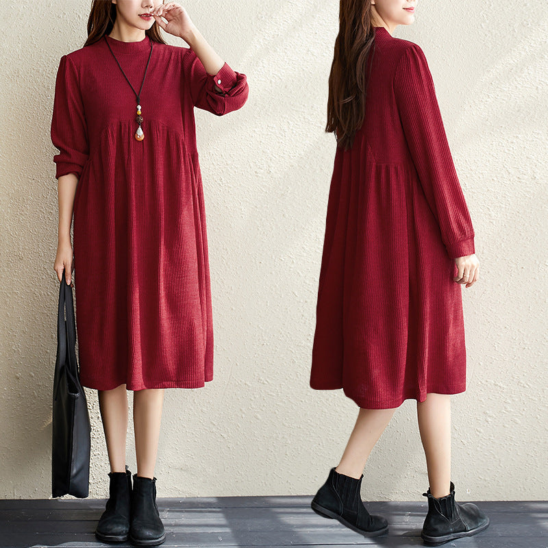 Elegant Women Long Sleeves Round Neck Fall Dresses-Fall Dresses-Wine Red-M-Free Shipping at meselling99
