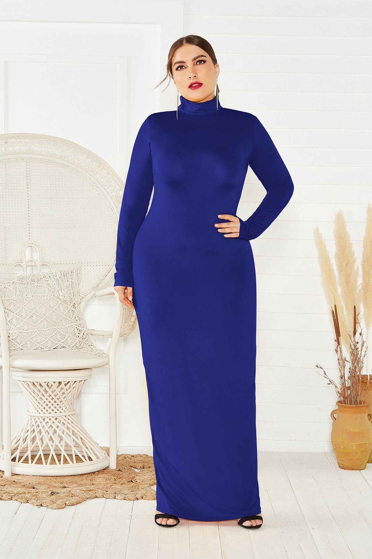 Elegant Turtleneck Plus Sizes Dresses-Dresses-Navy Blue-2XL-Free Shipping at meselling99