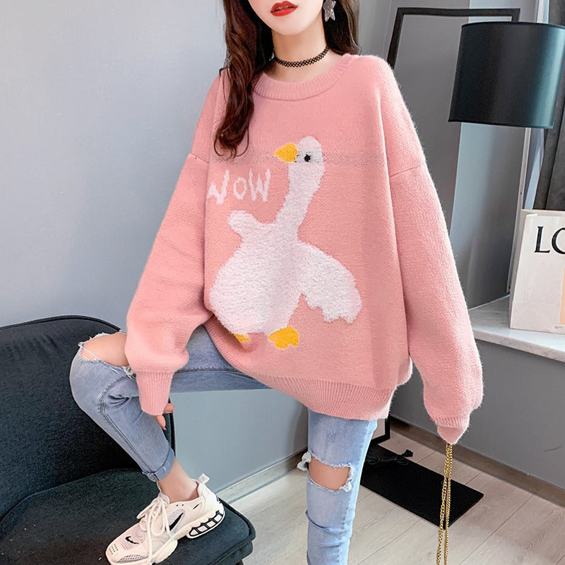 Women's Embroidered Duck Flocking Oversized Sweater